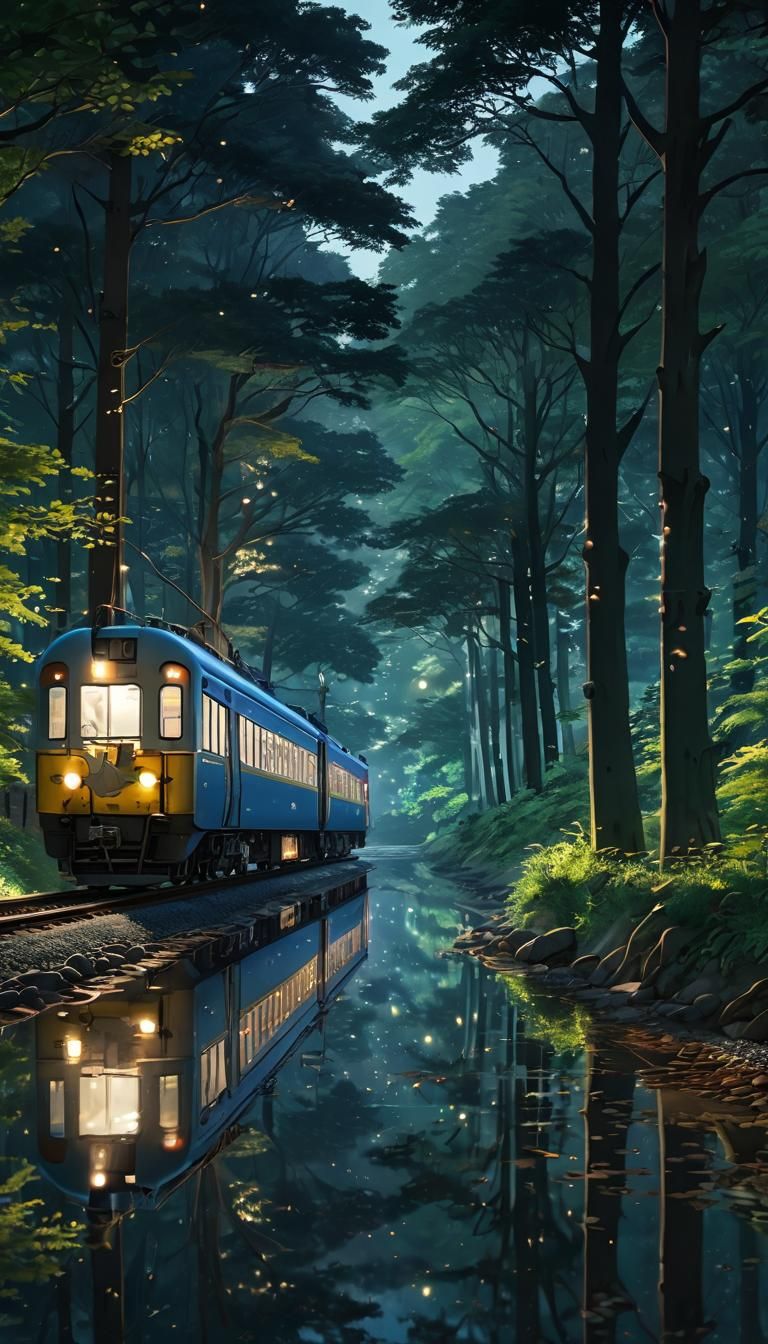 Serene Forest Scene with Train in 2.5D Anime Style