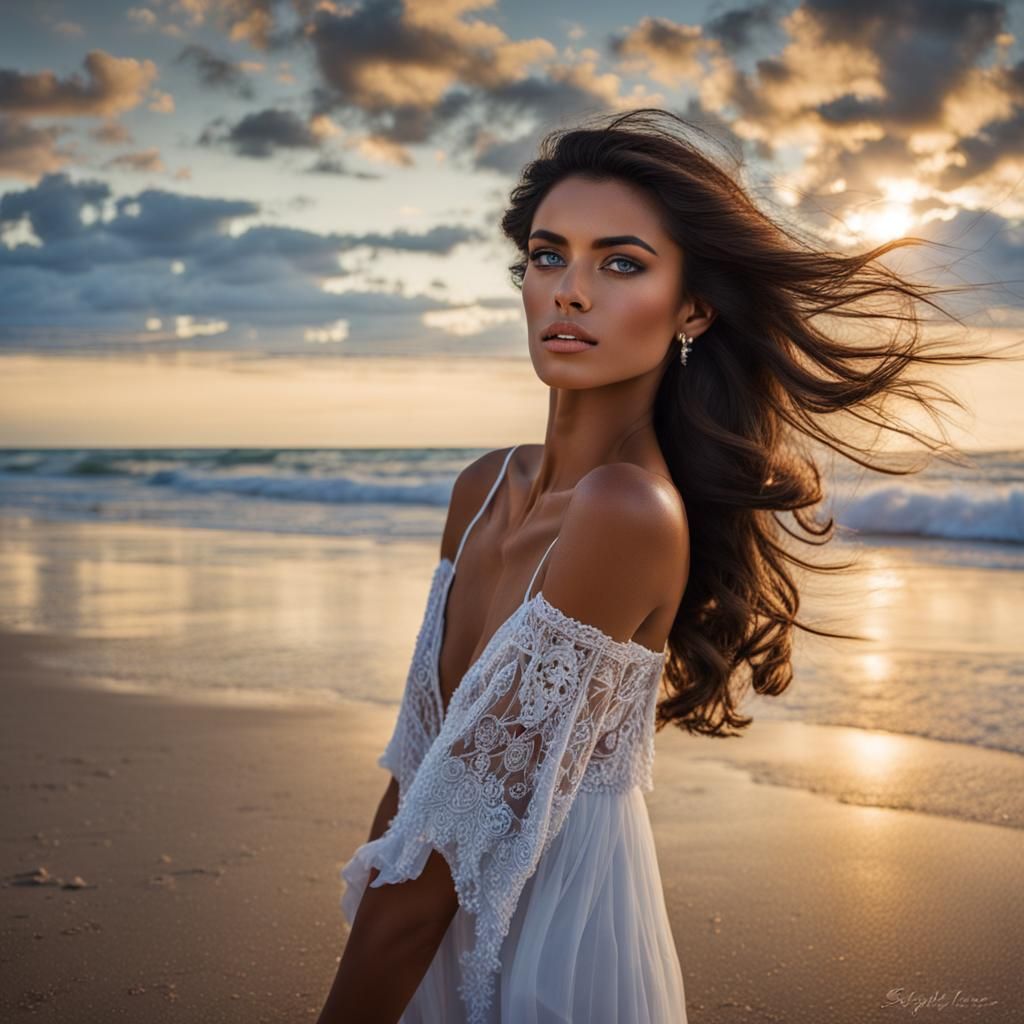 Sensual Brazilian Woman on Beach with Opulent Chest