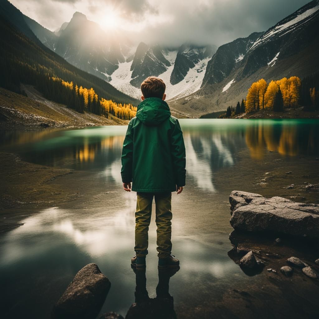 Boy at Mountain Lake: Cinematic Landscape Photography