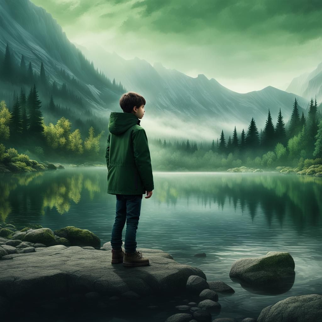 Boy in Green Coat by Mountain Lake
