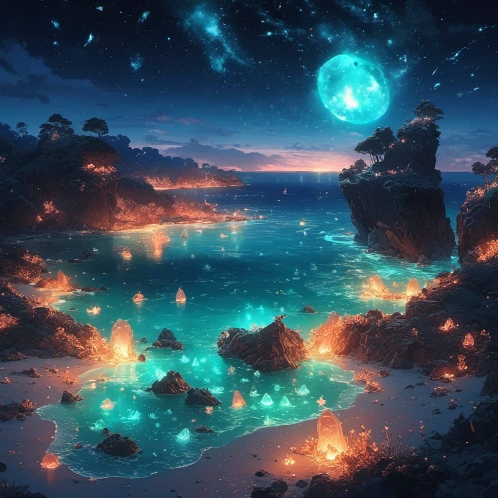 Bioluminescent Beach with Glowing Animals