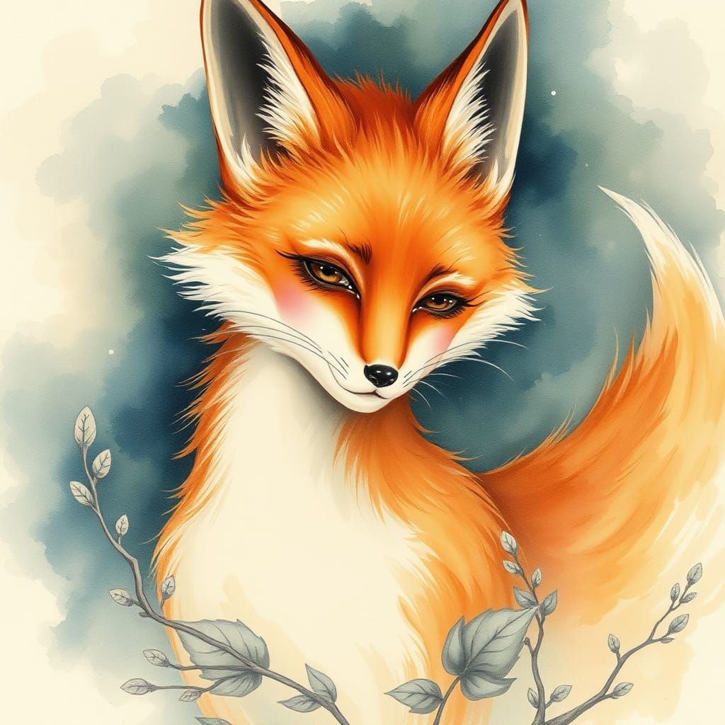 Whimsical Watercolor Portrait of a Nine-Tailed Fox Woman