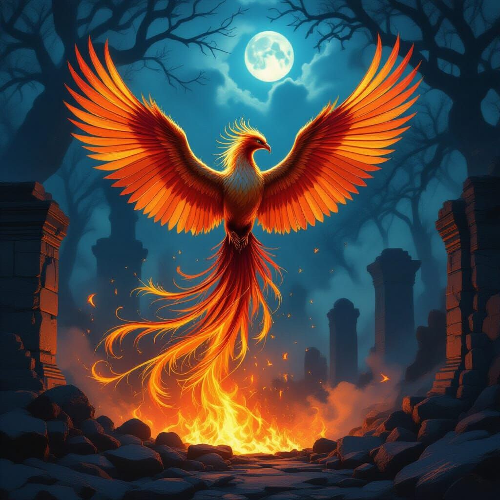 Phoenix Rises From Ruins in Ethereal Moonlight