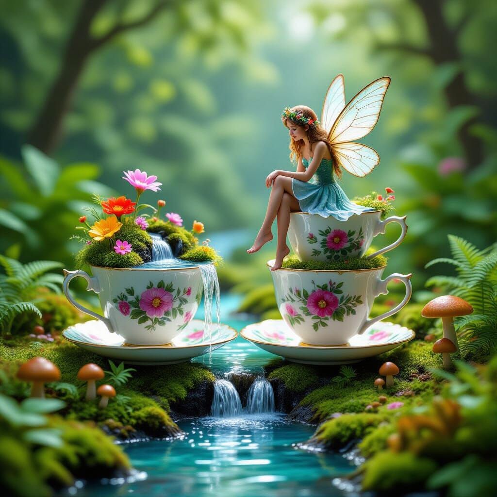 Fairy Overlooking Miniature Ecosystems in Stacked Tea Cups