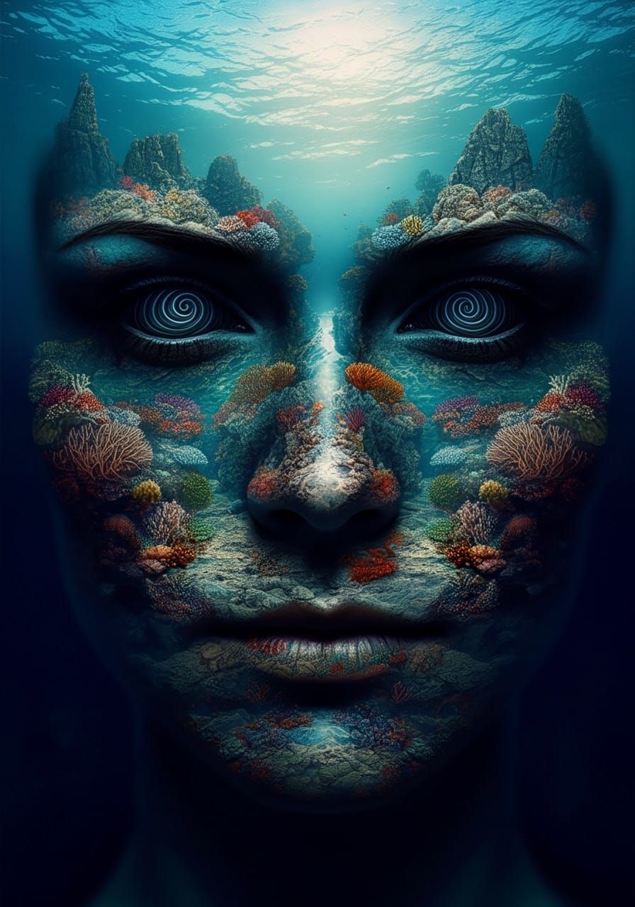 Mystical Underwater Face in Surrealist Style