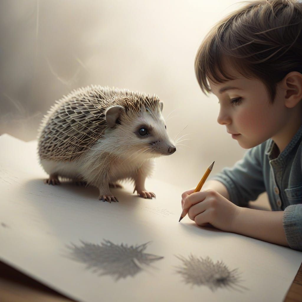 Child and Hedgehog in Fog: Whimsical Pencil Sketch