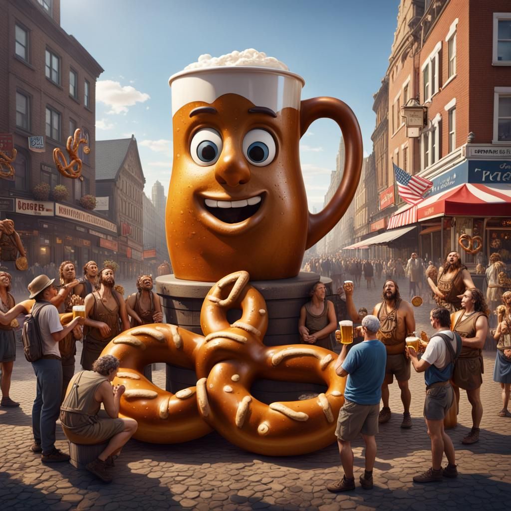 Giant Beer Mug Statue Surrounded by Pretzel People