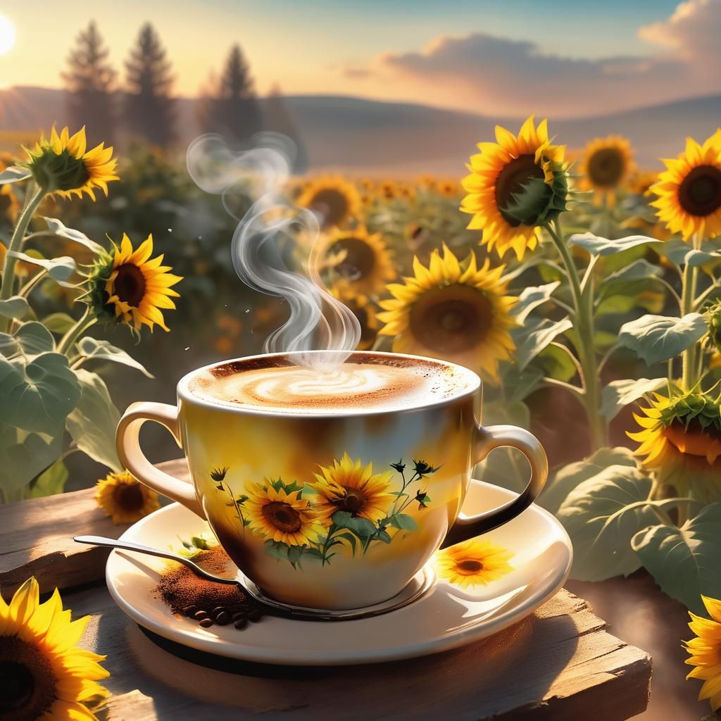 Sunrise Coffee Surrounded by Sunflowers: Digital Art