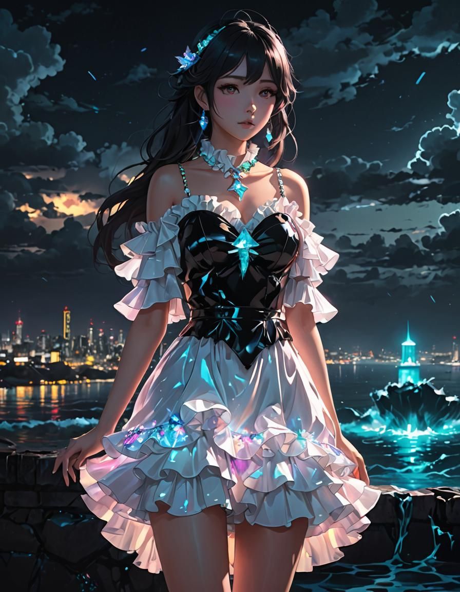 Glowing Ocean View: 3D Anime Graffiti Art