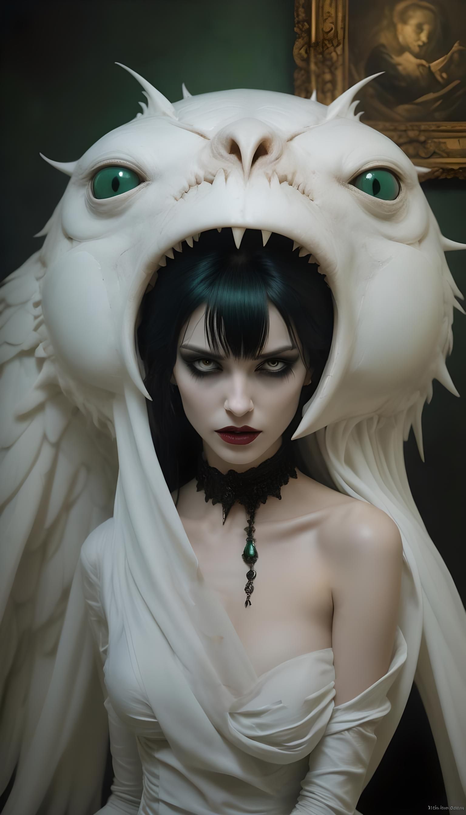 Beautiful Vampire with Sharp Fangs Close-Up