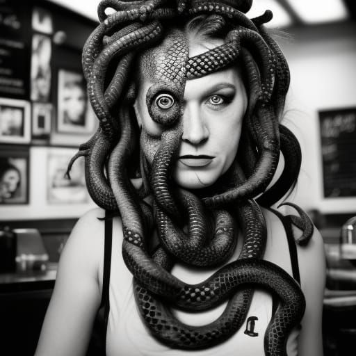 Medusa Gorgon Portrait in Coffee Bar, Realistic Style