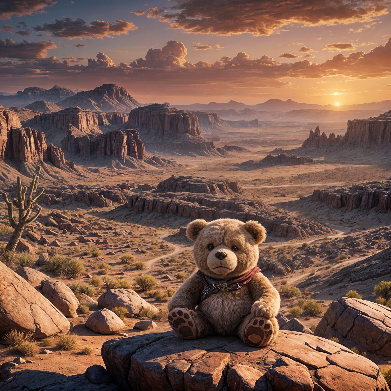 Grumpy Teddy Bear at Desert Sunset, Fantasy Art