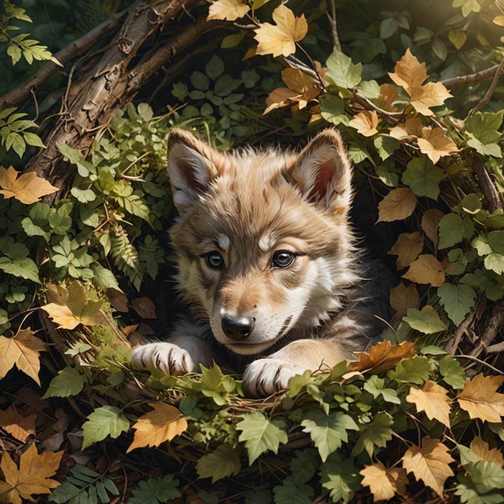 Newborn Wolf Cub in Forest Nest: Photorealistic Art