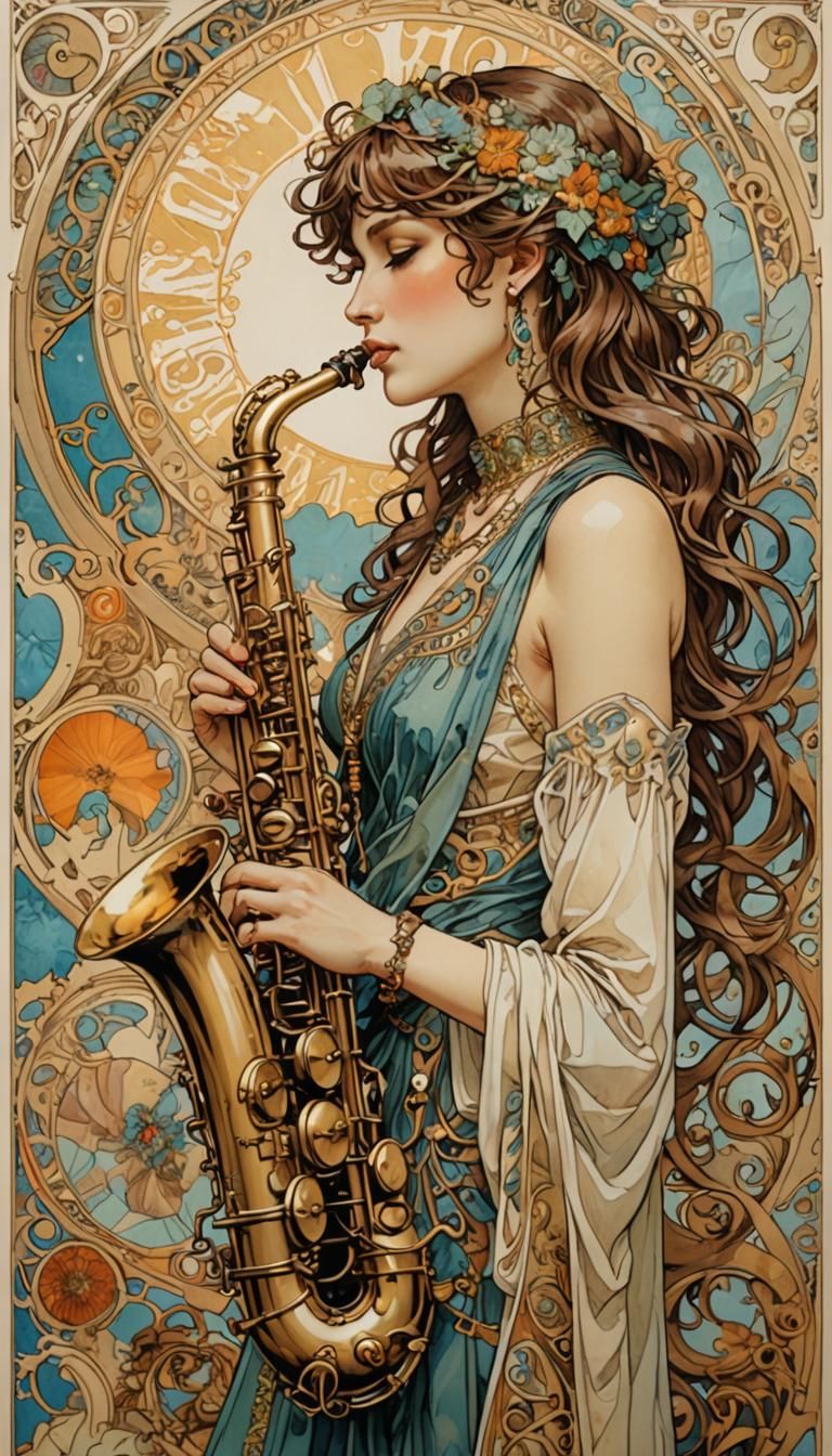 Saxophone in Comic Book Style, Art Nouveau Design