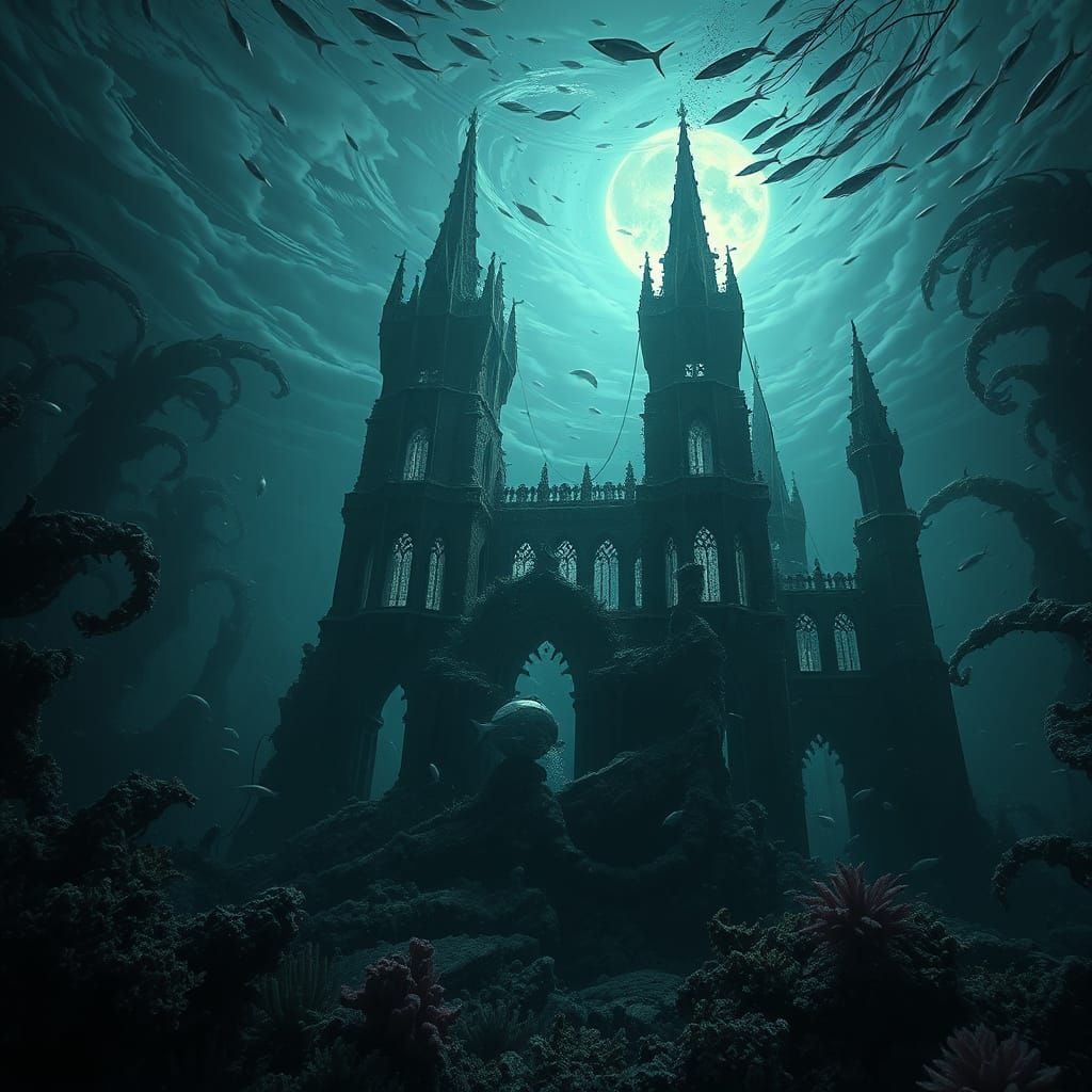 Underwater Gothic Castle in Bioluminescent Depths