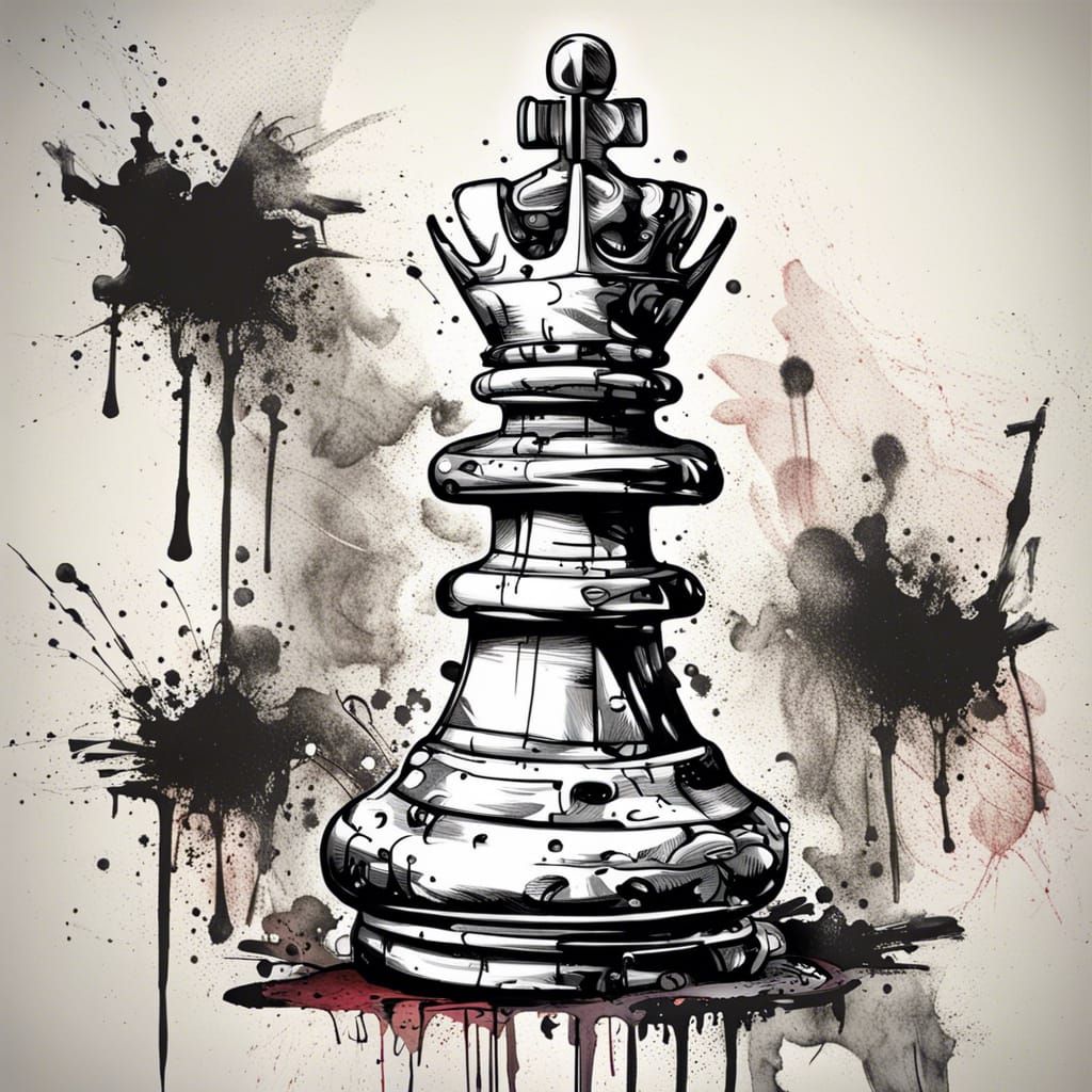 Chess Queen with Japanese Tattoos: Black and White Sketch
