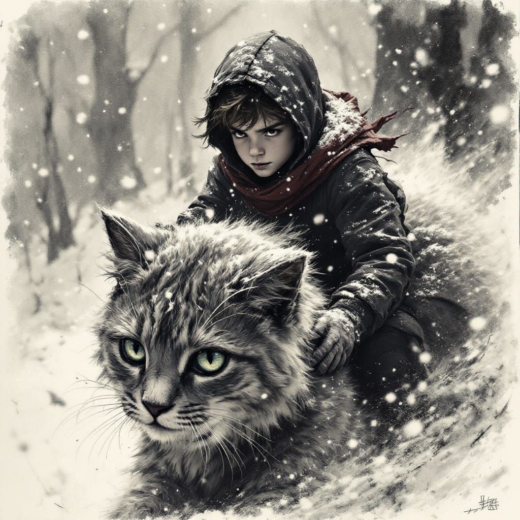 Boy Rides Kitten in Winter Snow: Pointillist Illustration