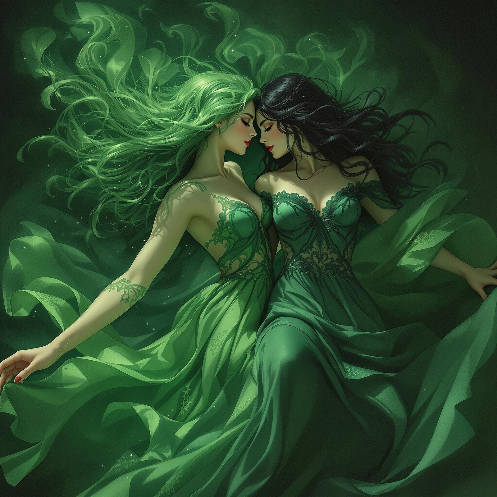 Emerald Witch Dances with Lover in Baroque Style