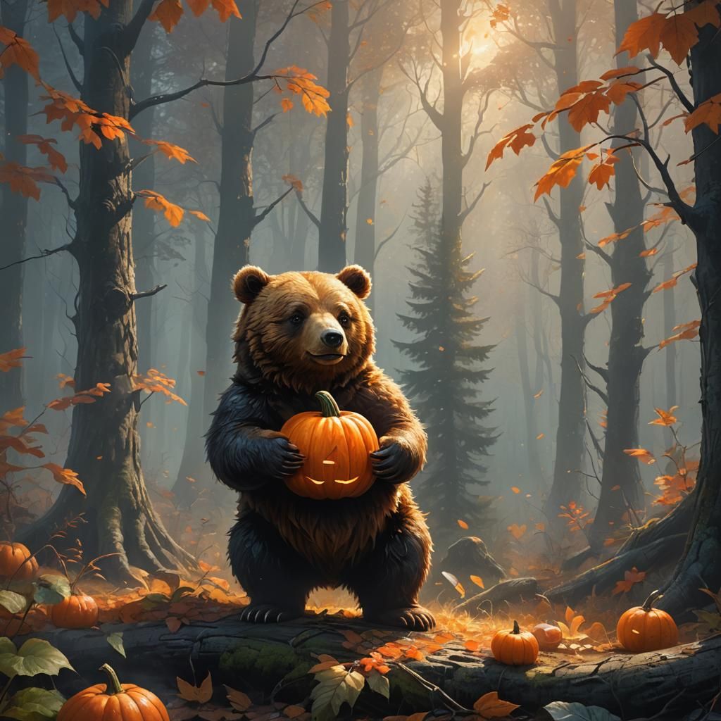 Bear Cub with Pumpkin in Misty Forest