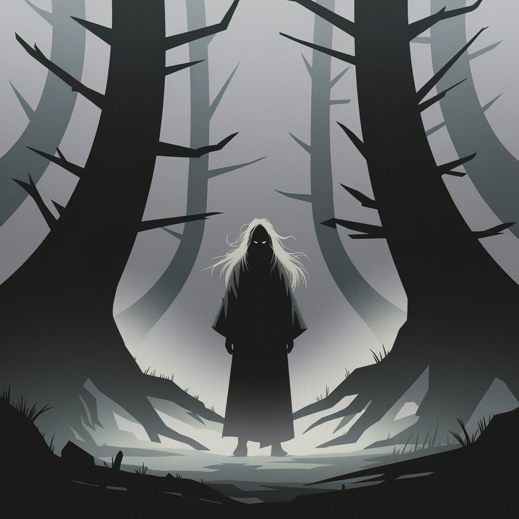 Mysterious Figure in Misty Forest: Japanese Art Style