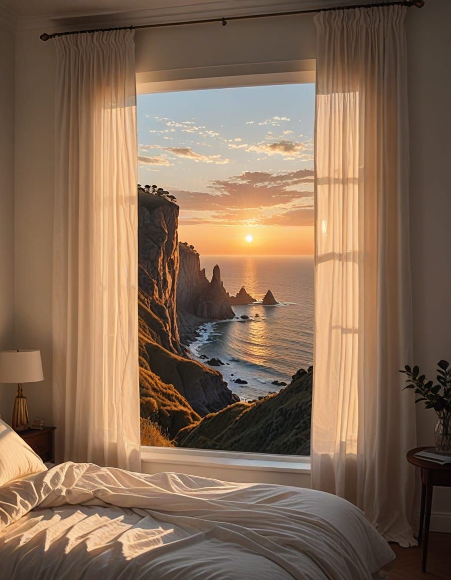 Sunset Cliff View Through Bedroom Window