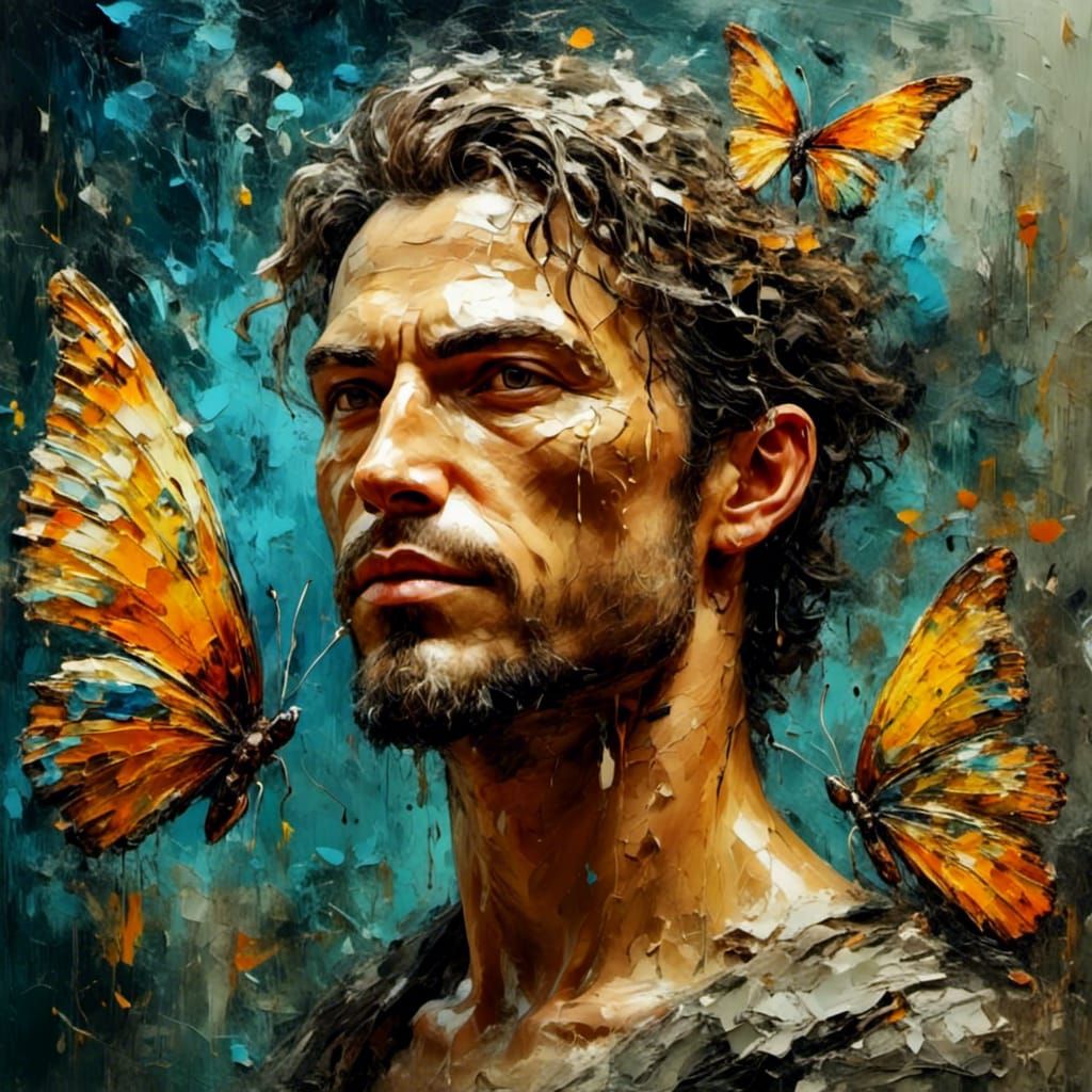 Man with Butterfly Wings, Three-Dimensional Oil Painting