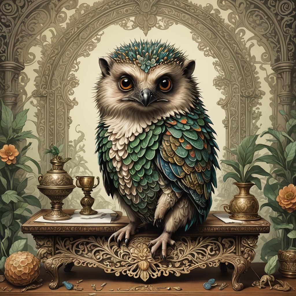 Hedgehog-Owl-Chameleon Hybrid in Storybook Style