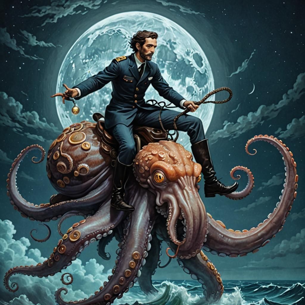 Man Rides Octopus Under Full Moon