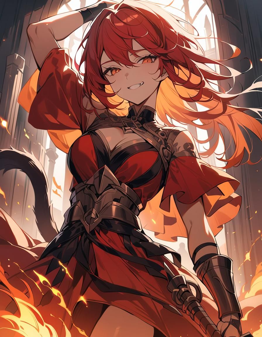 Blacksmith Catgirl Forging Sword in Fiery Forge