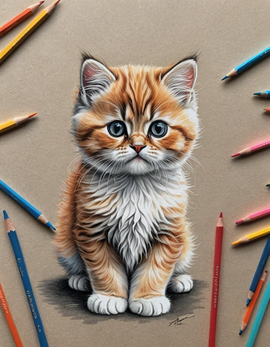 Cute Persian Kitten in Colored Pencil Style