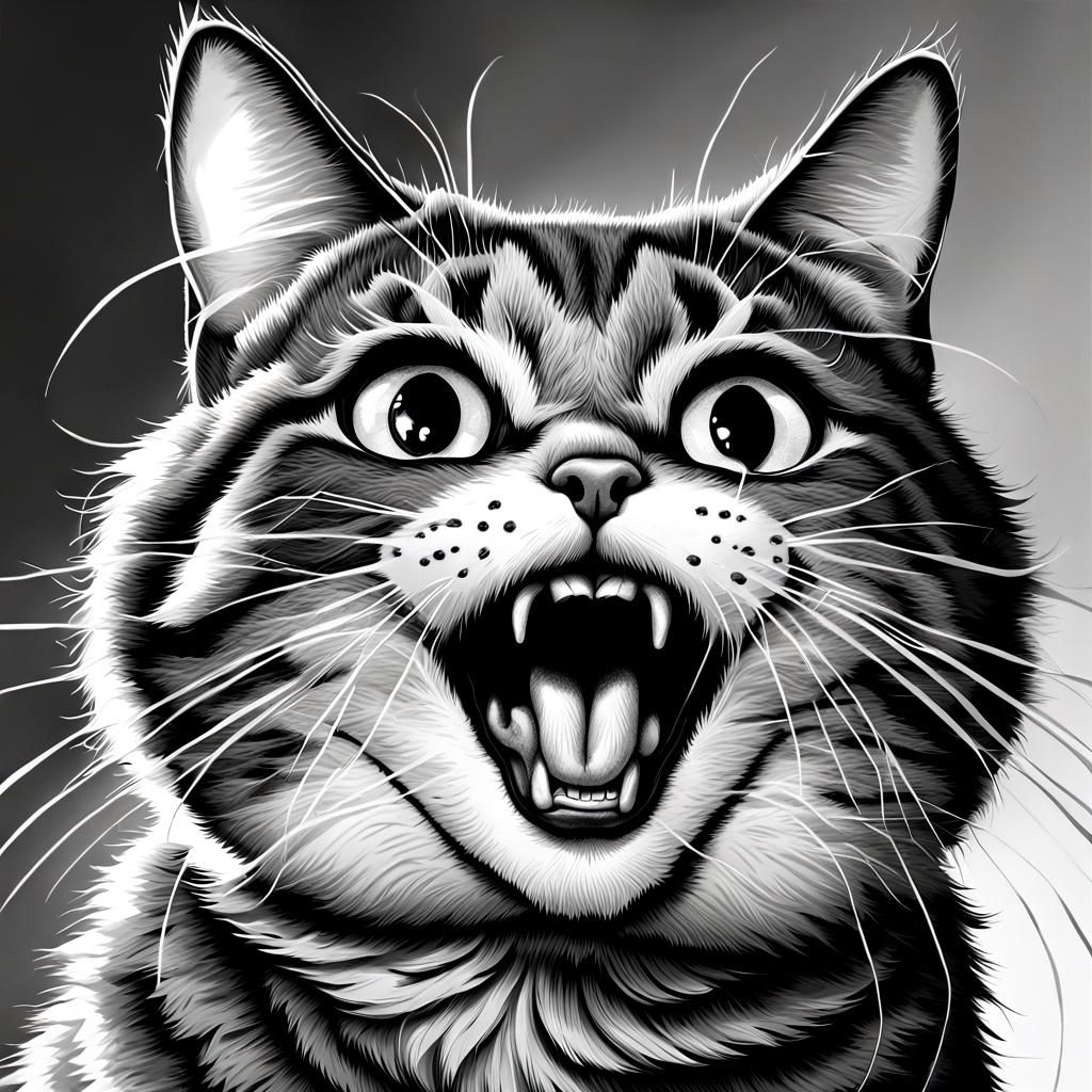 Shocked Cat Drawing with Huge Surprised Eyes