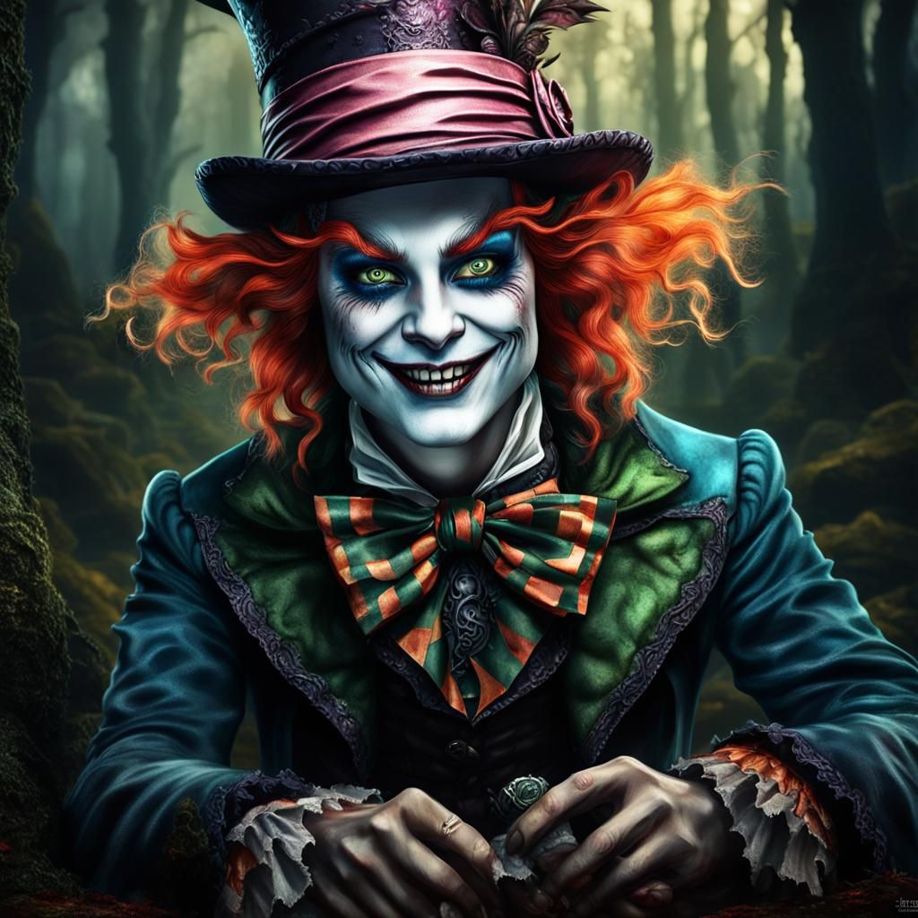 Photorealistic portrait of a evil female Mad Hatter.