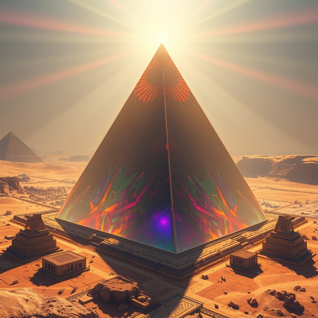 Psychedelic Prism Pyramid in Egyptian Desert Landscape