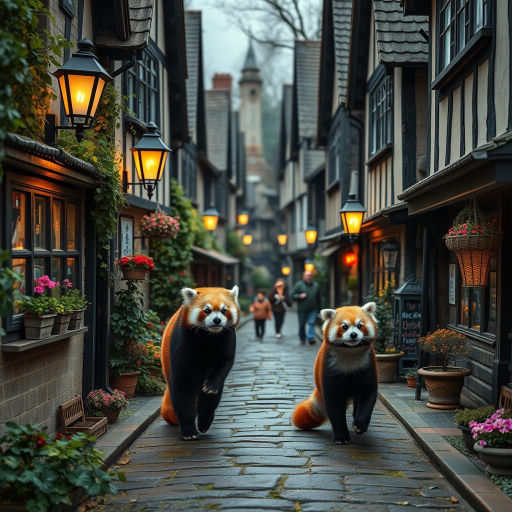 Red Pandas in a Whimsical English Village