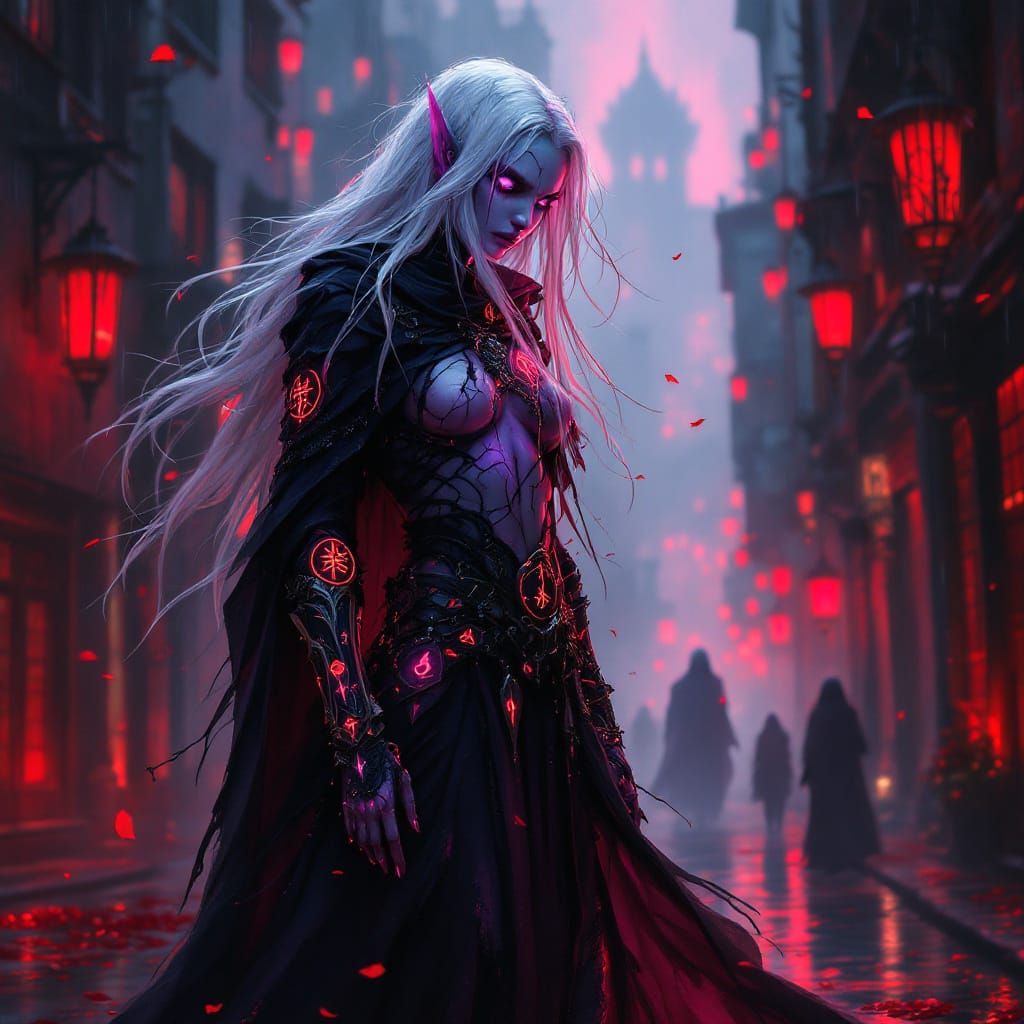 Fallen Drow Cleric in Crimson Cityscape