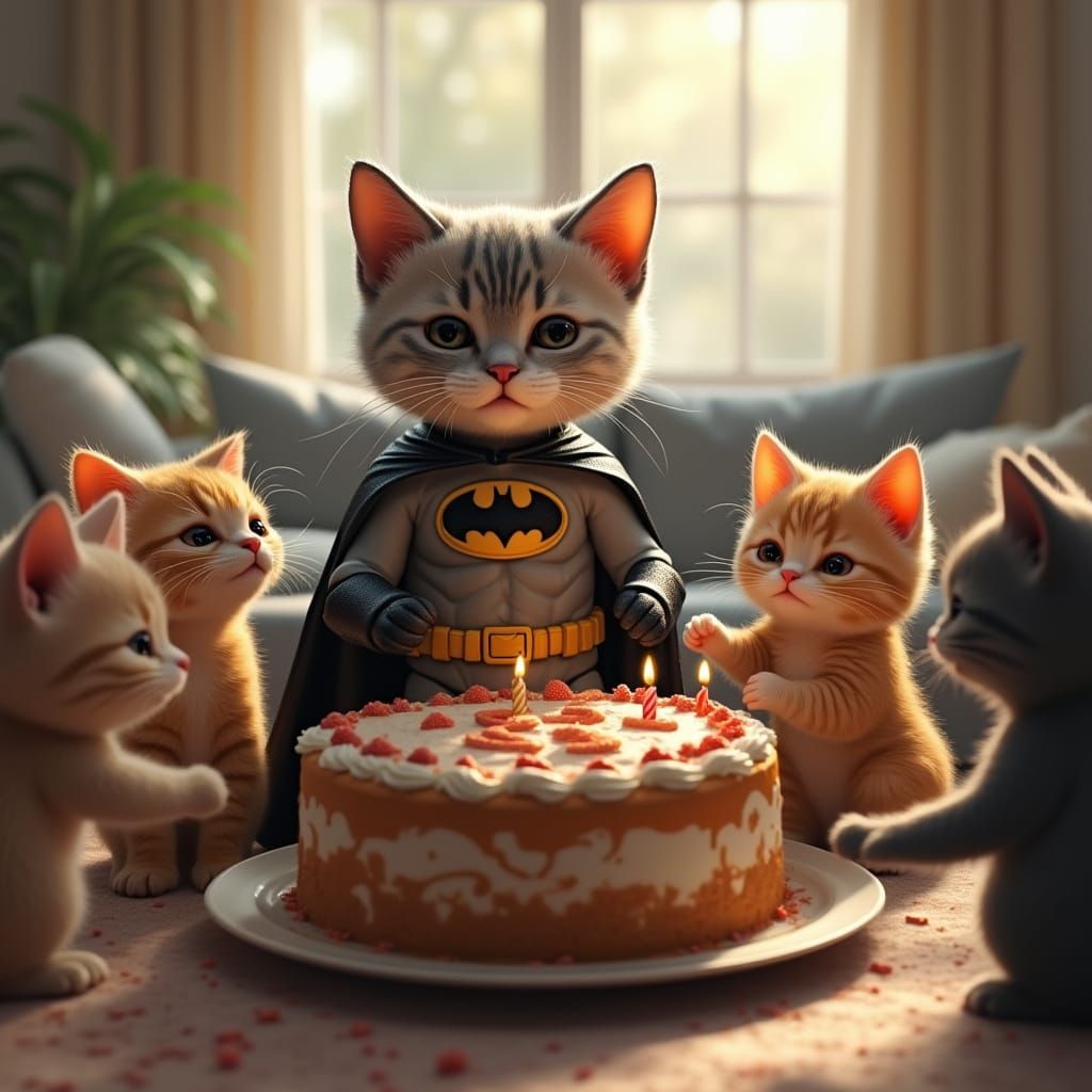 Feline Family Celebrates Birthday in Whimsical Batman-Themed...