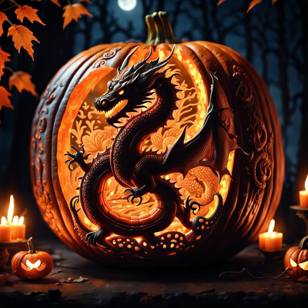 Detailed Dragon Pumpkin Lantern in Moonlight