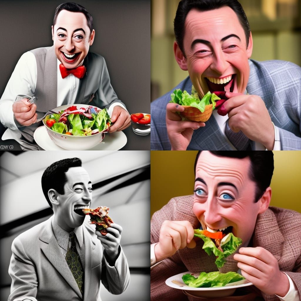 Hyperrealistic Pee-wee Herman Laughing Eating Salad