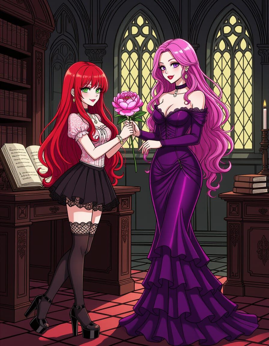 Japanese Woman Receives Peony in Gothic Study