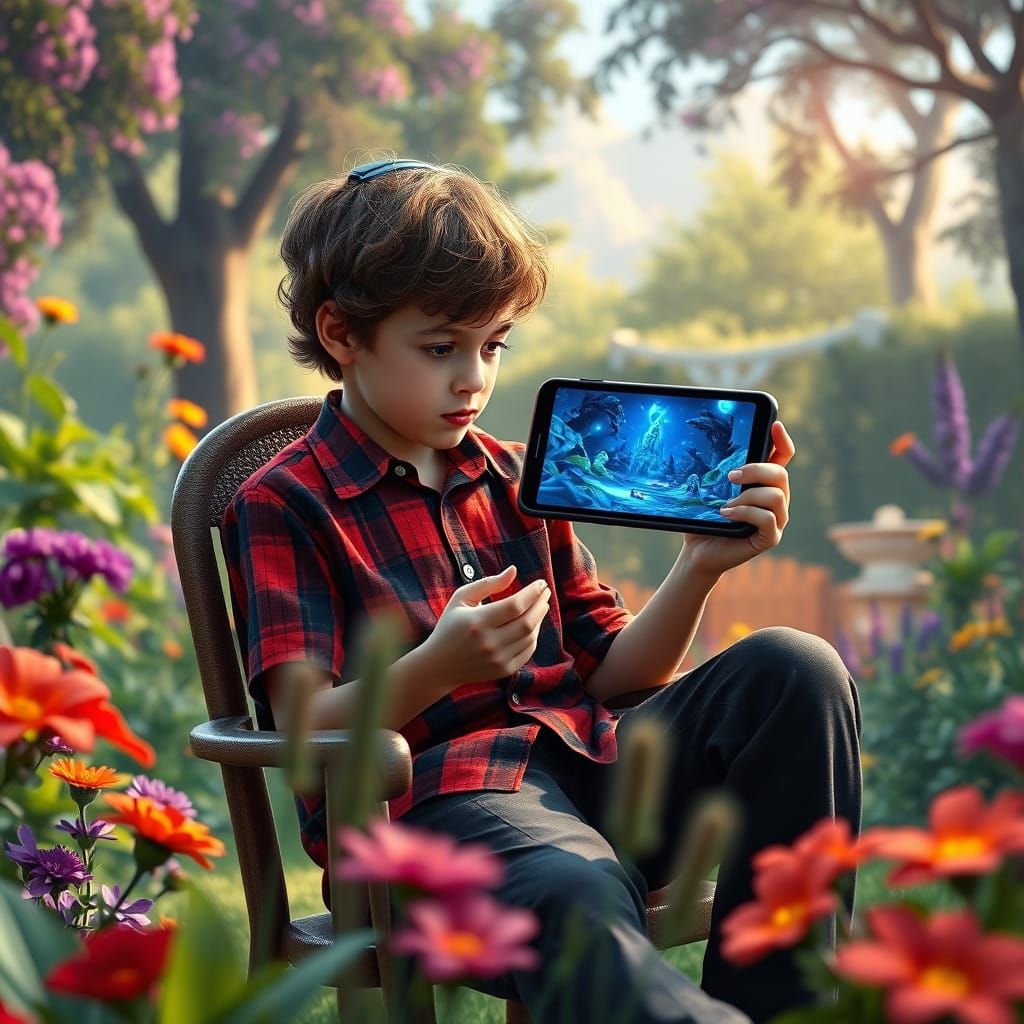 Hasidic Boy Enchanted by a Digital Game in a Vibrant Garden