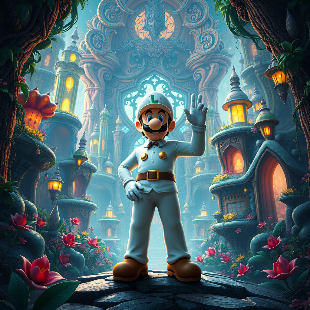Heroic Luigi in a Vibrant Fantasy Realm