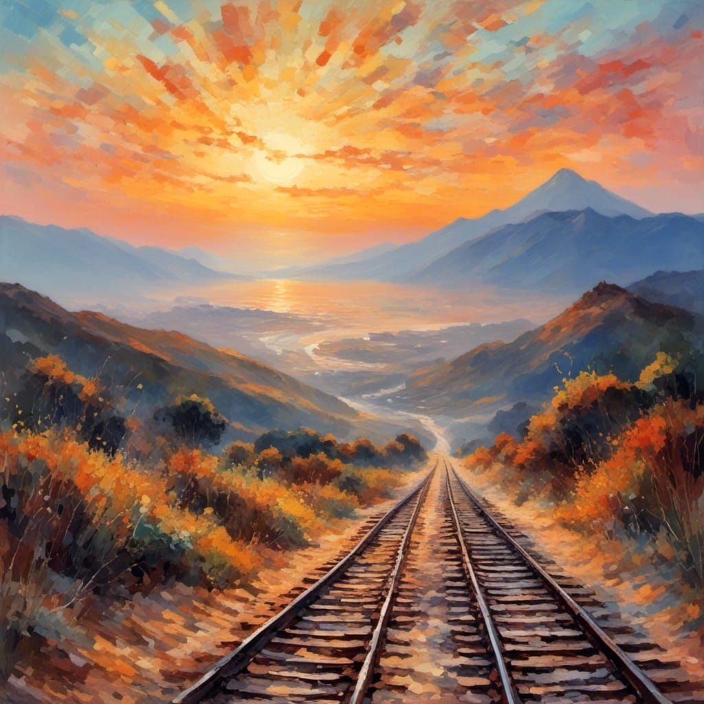 train tracks disappear towards the horizon where the sun rises