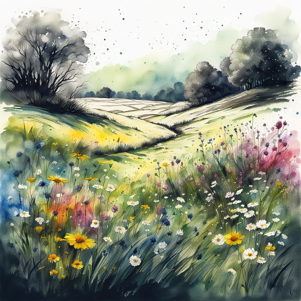 Colorful Ink Drawing of a Wildflower Meadow