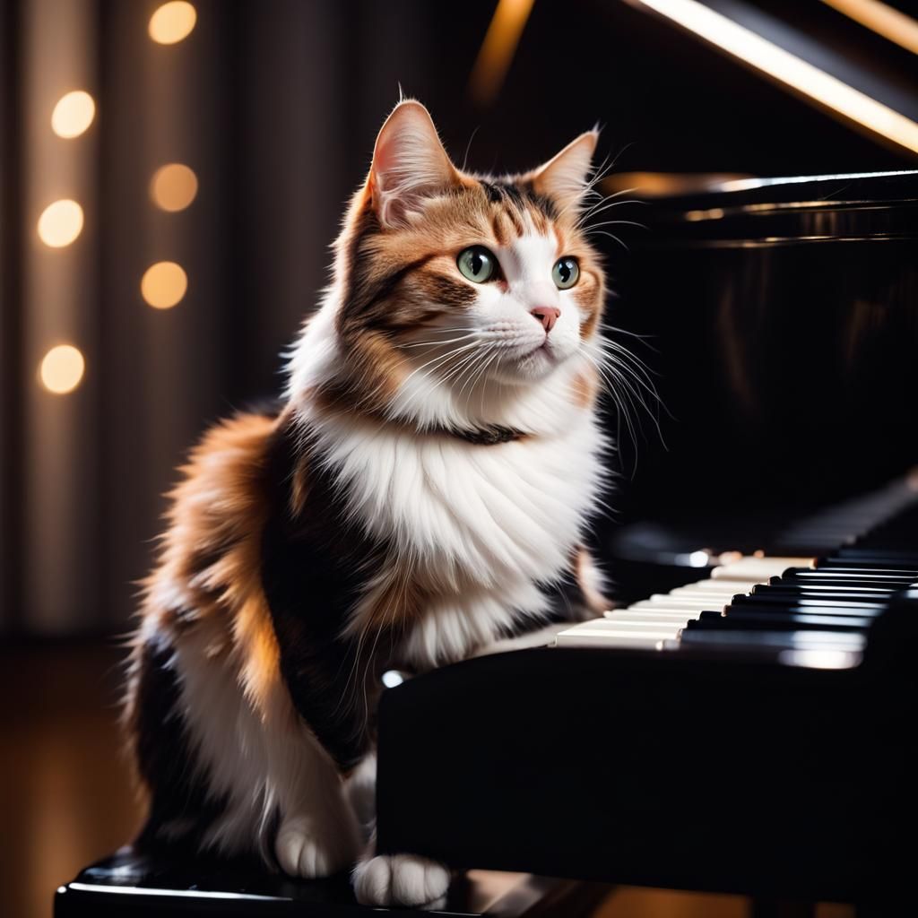 Tri-Color Cat on Piano in Spotlight, Photography