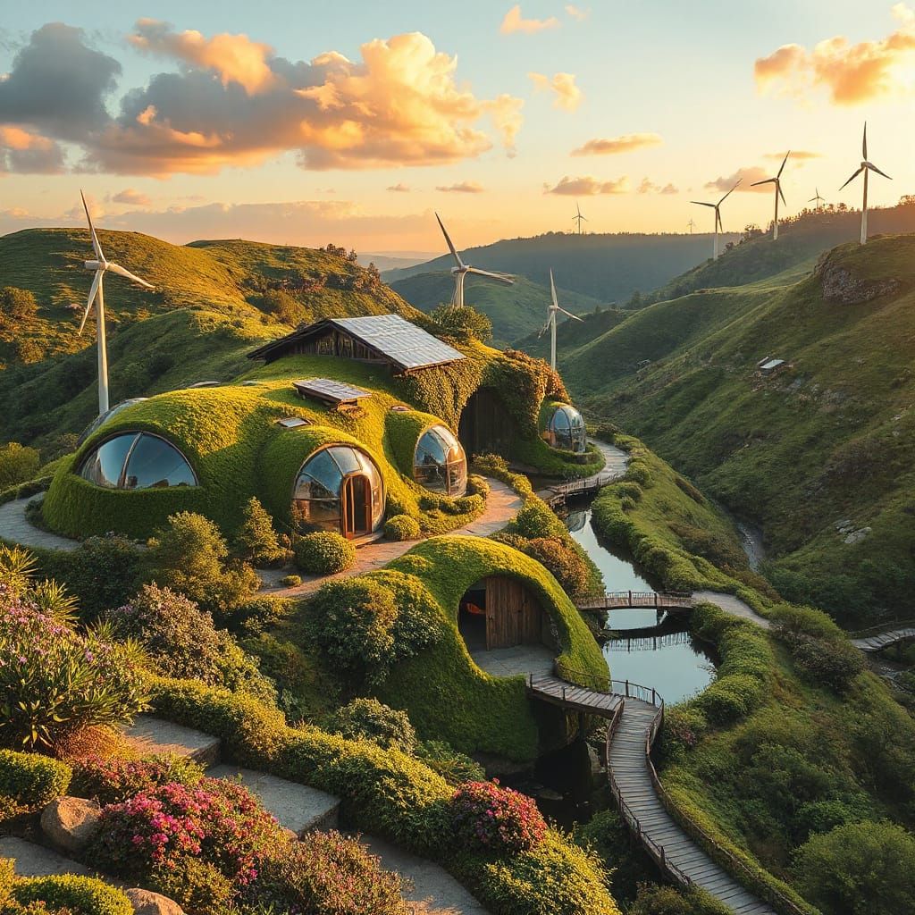 Surreal Solarpunk Haven Amidst Rolling Hills