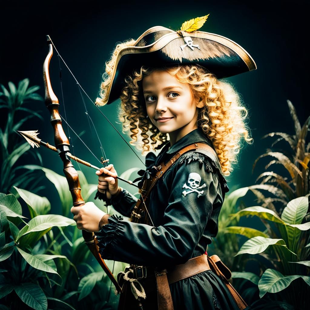 Pirate Girl Portrait with Bow in Double Exposure