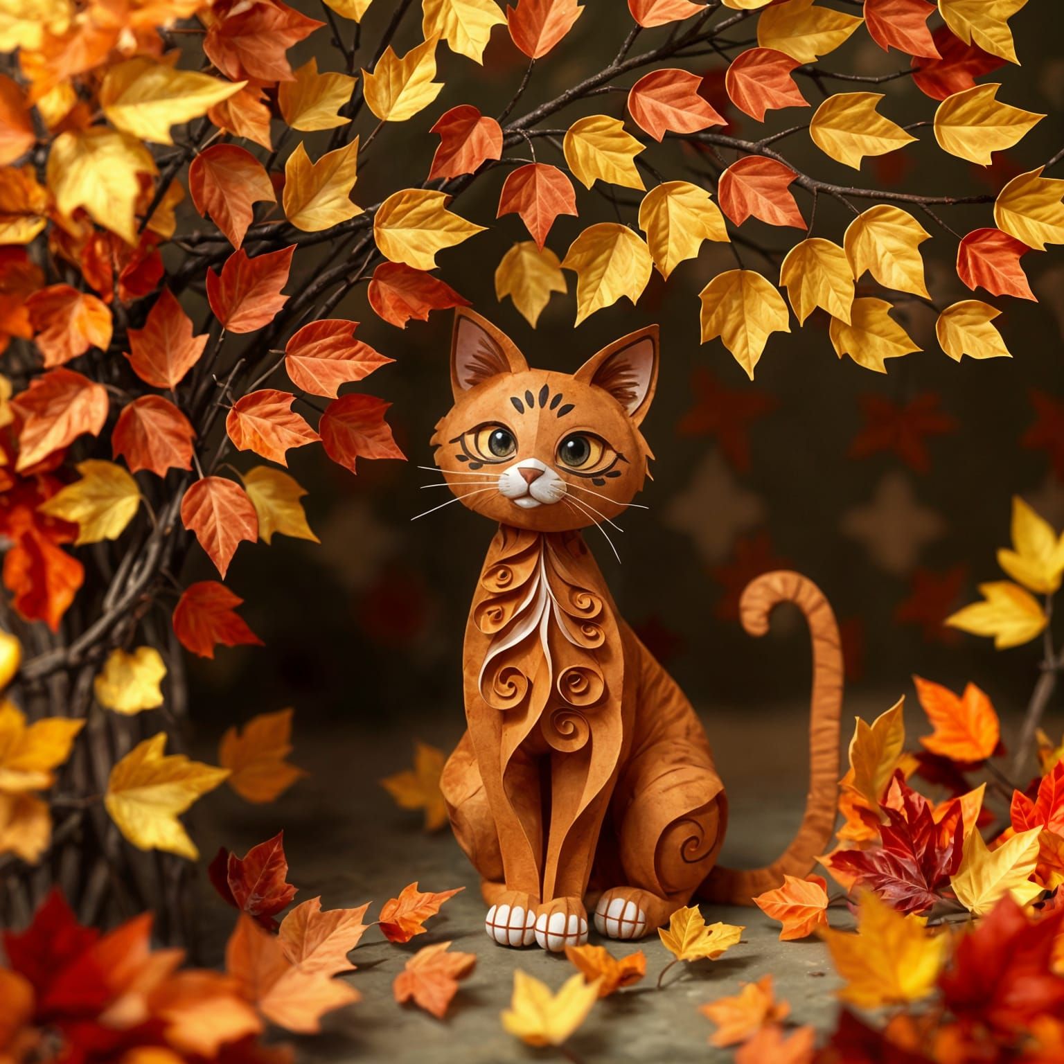 Autumn Papercraft Cat in Cozy Garden Scene