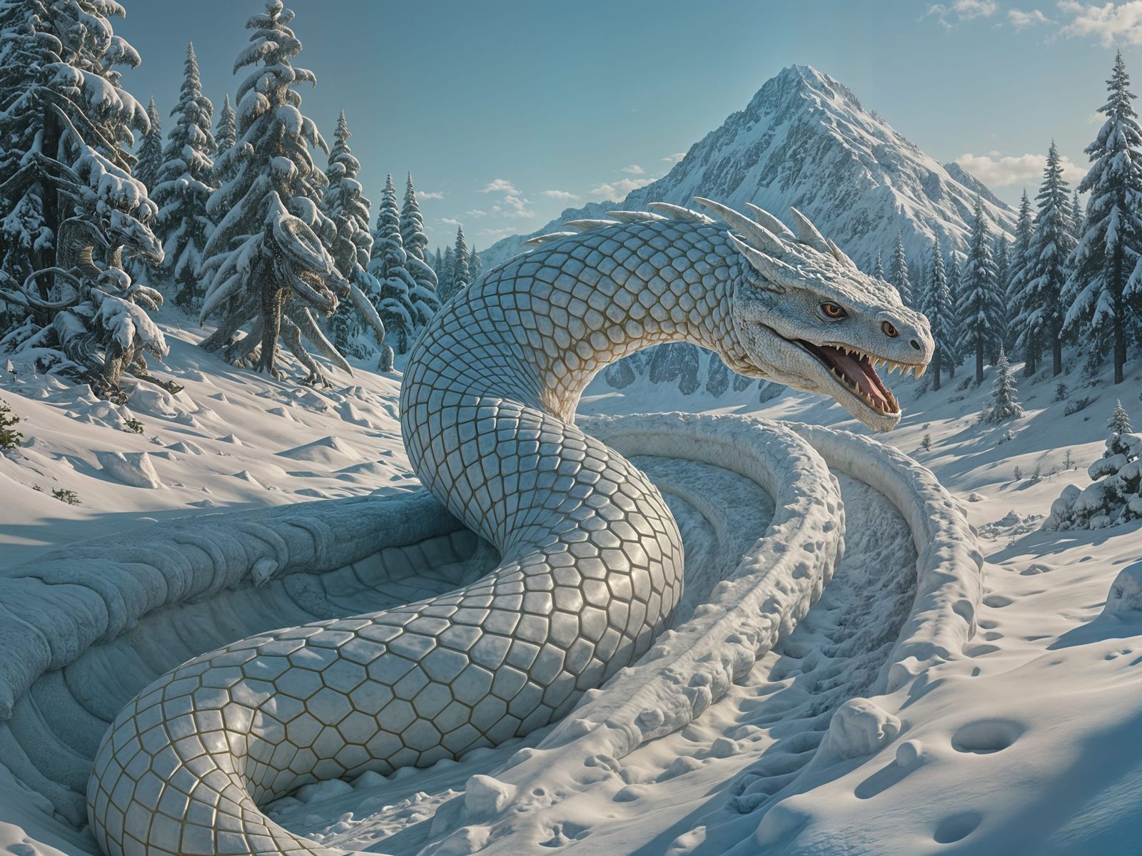 White Dragon-Snake Hybrid in Snow