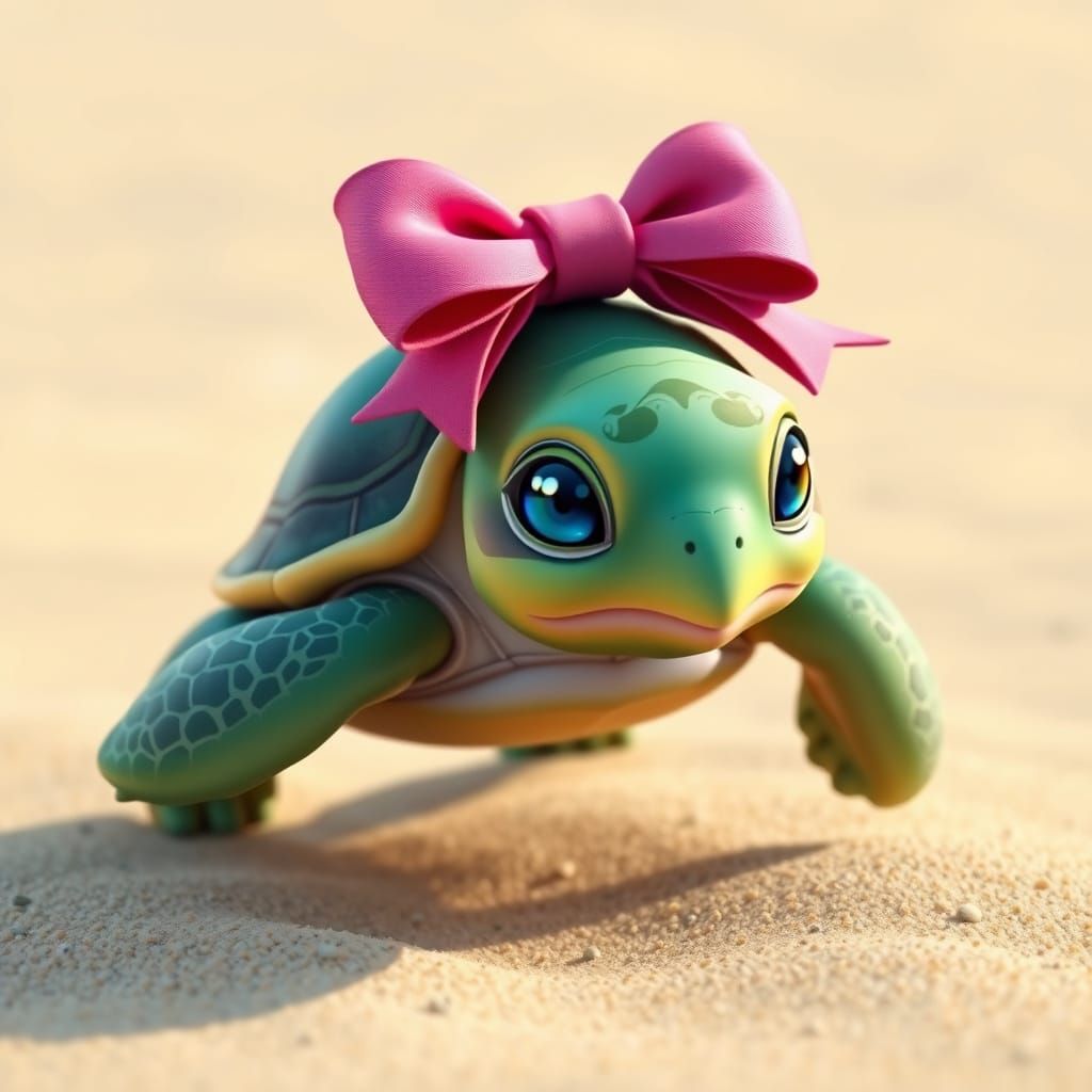 whimsical realistic image of a baby green turtle with a pink...