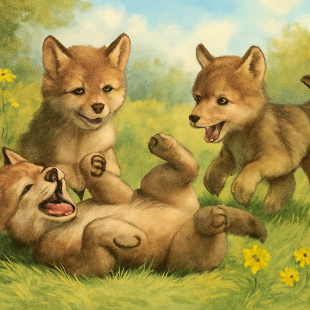 Playful Wolf Cubs in Cartoon Style